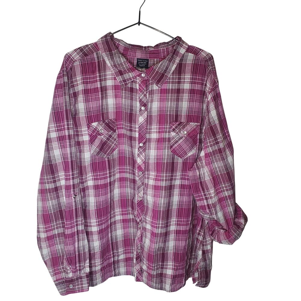 Faded Glory 4X Plus Western Pearl Snap Plaid Shirt Berry Metallic Cowgirl